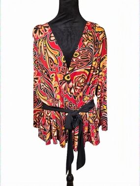 Bob Mackie Red Yellow Black Paisley Wrap Blouse